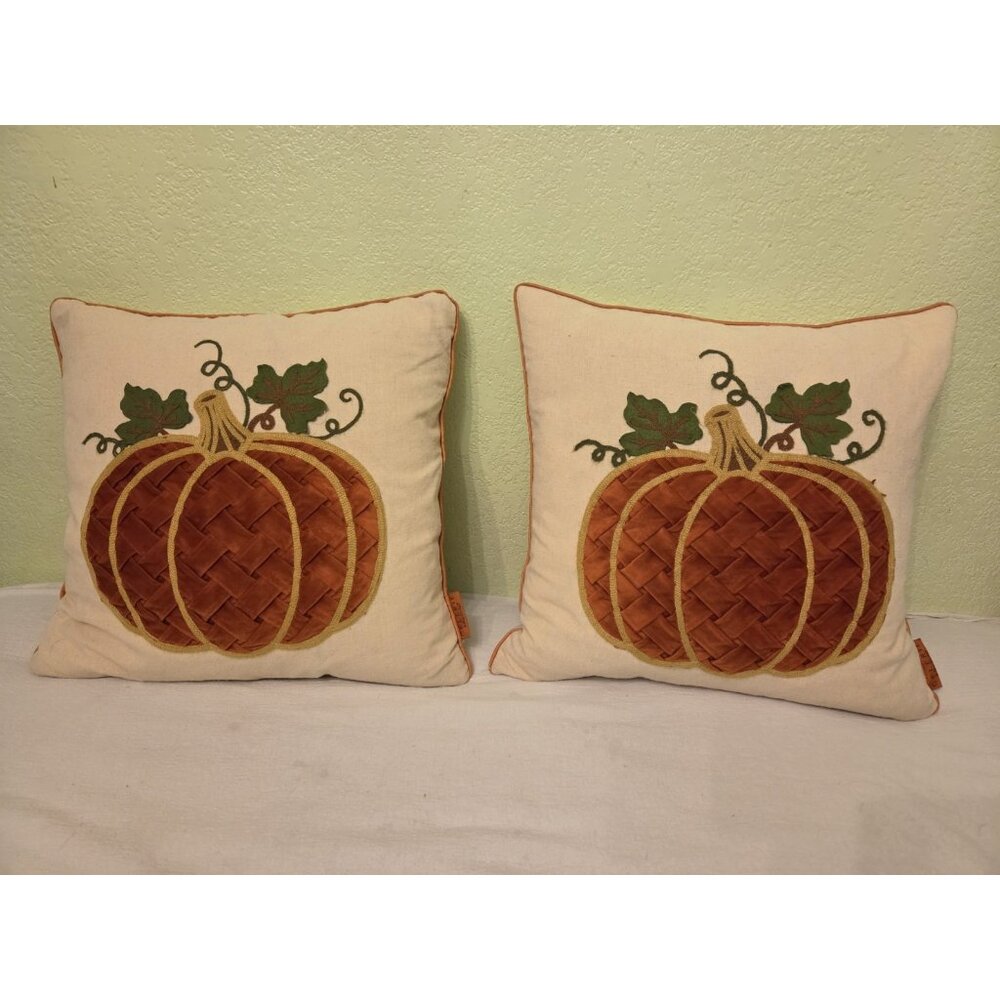 Pair Celerie 17x17" Veltvet & Felt Pumpkins‎ Decorative Feather Throw Pillows